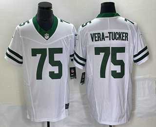 Men%27s New York Jets #75 Alijah Vera Tucker White 2023 FUSE Vapor Limited Throwback Stitched Jersey